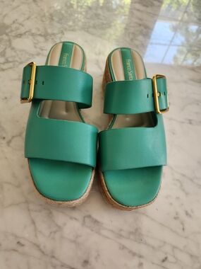 Franco Sarto Teal Leather Slide Sandals with Gold Buckle, LIKE NEW.